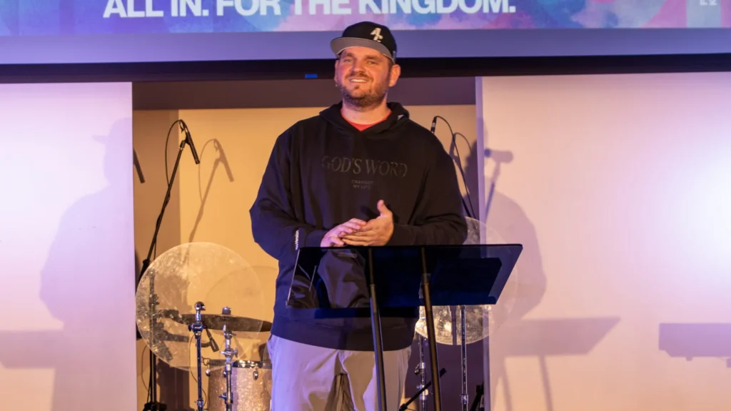 Pastor Alex Graves preaching “Every Story. For the Kingdom.” at Anchor Church during the Kingdom Builders Campaign, sharing how God uses every life and story to advance His Kingdom.